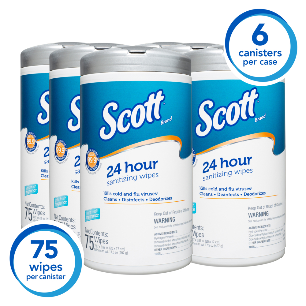 Scott 24 Hour Sanitizing Wipes – Multi-Surface Cleaning & Disinfecting, Continuous Sanitization For 24 Hours – (53686), 6 Canisters x 75 Count, 450 Wipes - 53686