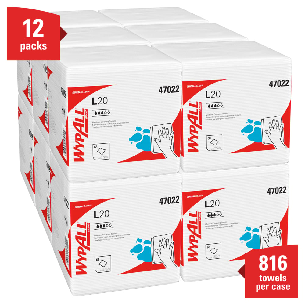 WypAll® General Clean L20 Medium Cleaning Cloths (47022), Quarterfold Format, White, 4-Ply, 12 Packs / Case, 68 Sheets / Pack - 47022