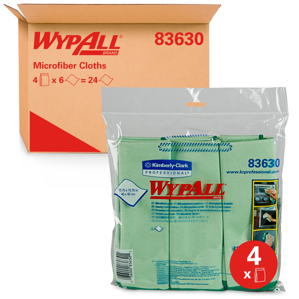 Chiffons en microfibre Wypall (83630), réutilisable, 15,75 po x 15,75 po, vert, pour verre et miroirs, 4 paquest/caisse, 6 lingettes/contenant, 24 chiffons/caisse - 83630