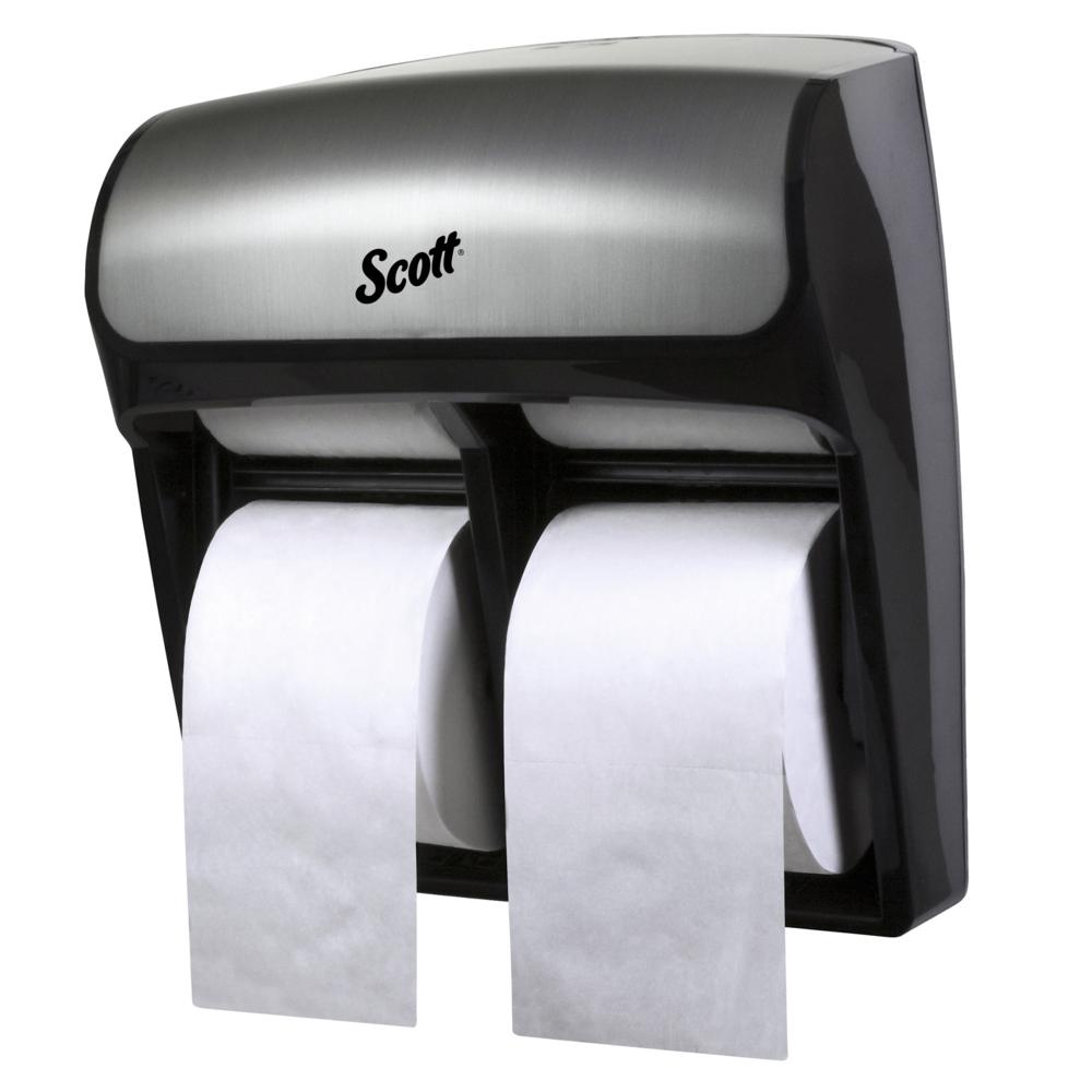 Distributrice de papier hygiénique de grande capacité Scott Pro (44519), 12,75 po x 6,3125 po x 11,25 po, pour quatre rouleaux de papier hygiénique standard Scott et Cottonelle, faux acier inoxydable, 1/caisse - 44519