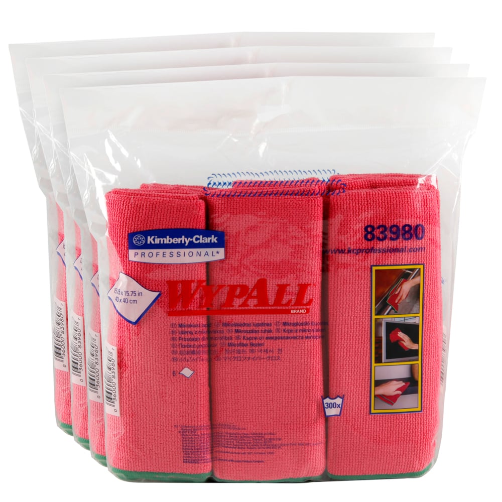 Chiffon en microfibre Wypall (83980), réutilisable, 15,75 po x 15,75 po, rouge, 4 paquets/caisse, 6 chiffons/contenant, 24/caisse - 83980