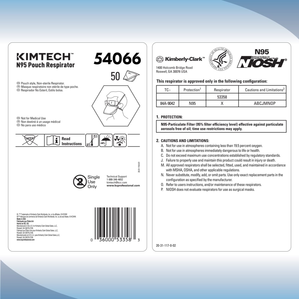 Kimtech™ N95 Pouch Respirator (54066), NIOSH-Approved, Made in the USA, Small Size, 50 Respirators/Bag, 6 Bags/Case, 300 Respirators/Case - 54066