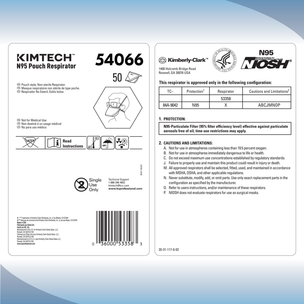 Kimtech™ N95 Pouch Respirator (54066), NIOSH-Approved, Made in the USA,  Small Size, 50 Respirators/Bag, 6 Bags/Case, 300 Respirators/Case