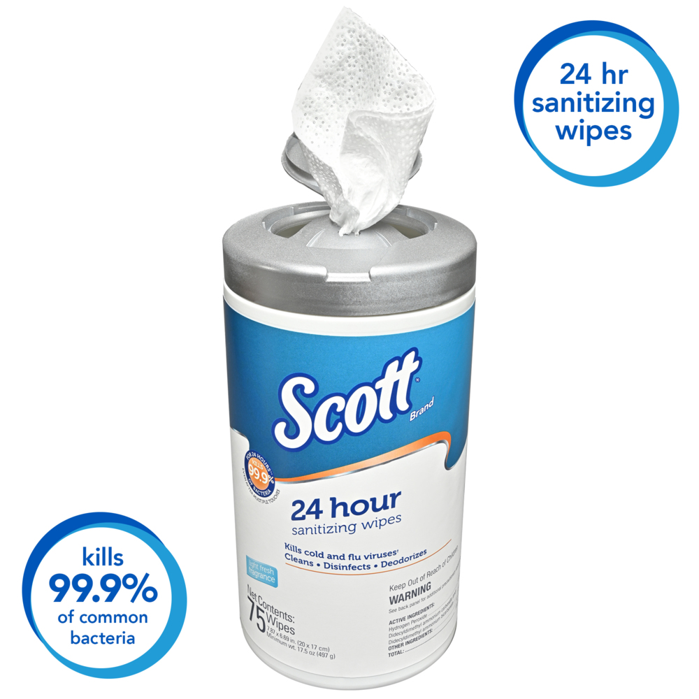 Scott 24 Hour Sanitizing Wipes – Multi-Surface Cleaning & Disinfecting, Continuous Sanitization For 24 Hours – (53686), 6 Canisters x 75 Count, 450 Wipes - 53686