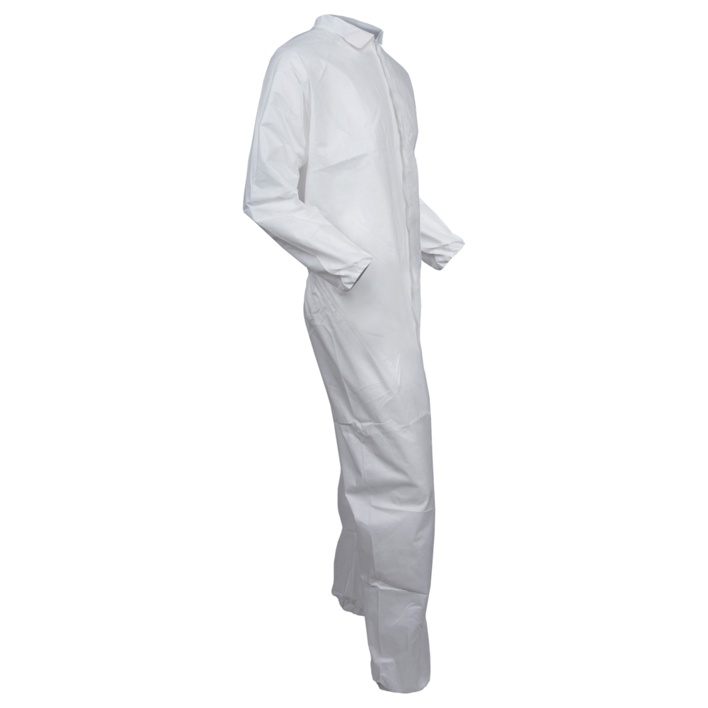 Combinaison de protection contre les particules et les éclaboussures perméables à l’air Kleenguard™ A30 (46104), fermeture éclair à l’avant, bande élastique à l’arrière, aux poignets et aux chevilles, blanche, conception REFLEX, TG (qté 25) - 46104