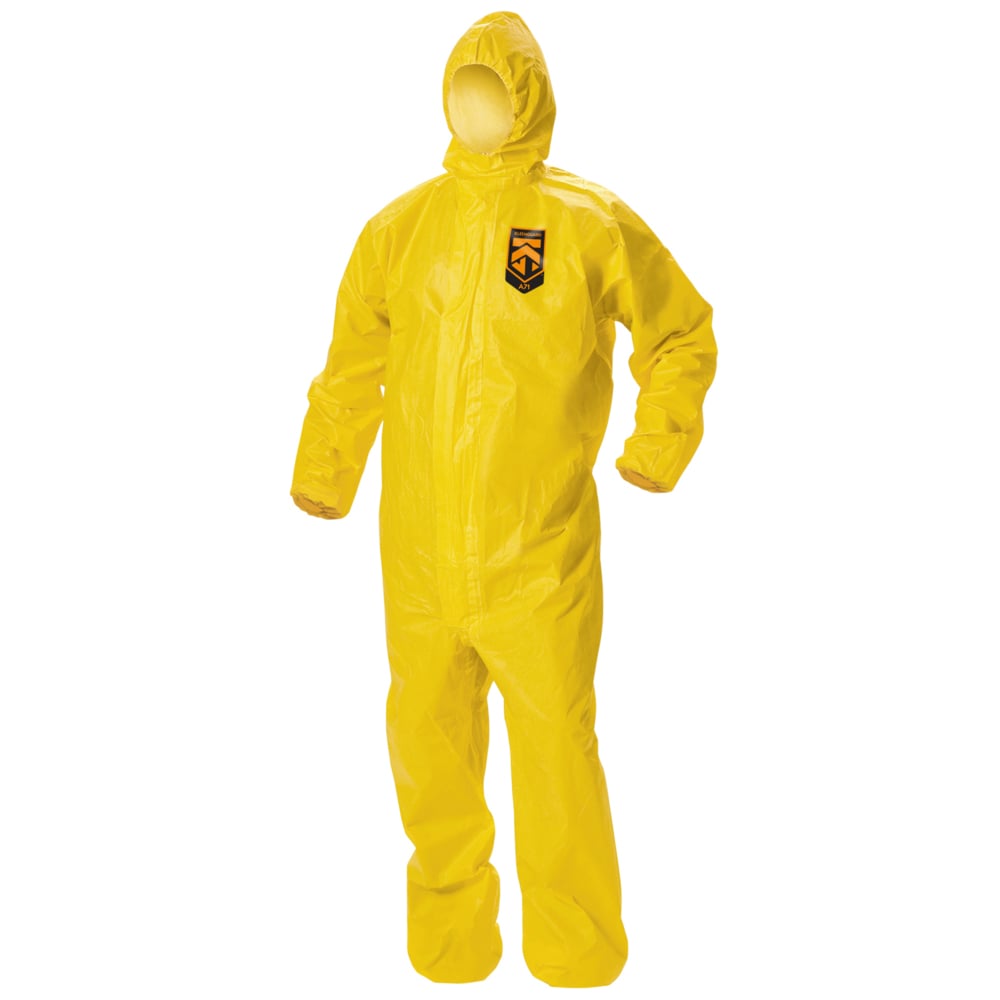 KleenGuard™ A71 Chemical Permeation and Liquid Jet Spray Protection Coveralls (46774), Zipper Front, Elastic Wrists, Waist, Ankles and Hood, Yellow, 3XL (Qty 10) - 46774