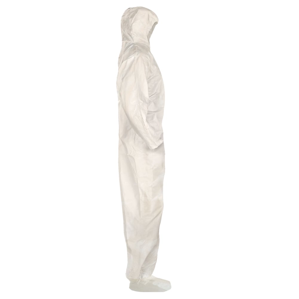 KleenGuard™ A80 Chemical Permeation & Jet Liquid Particle Protection Coveralls (45663), Zip Front, Storm Flap, EWA, Respirator-Fit Hood, Boots, White, Large, 12 / Case - 45663