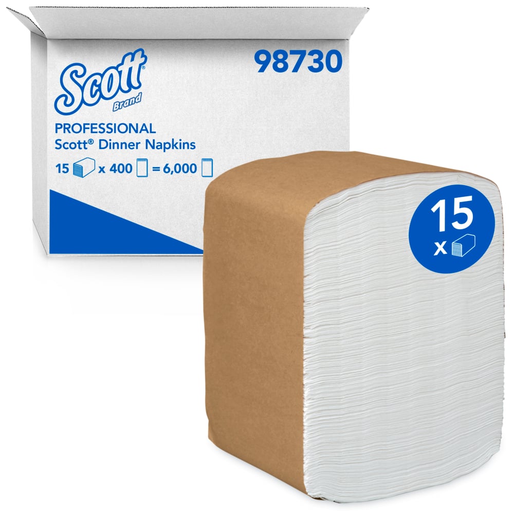 Serviettes de table en papier Scott (98730), jetables, blanches, pliées en huit, 1 épaisseur, 12 x 17 (dépliées), 15 paquets de 400 dessous de verre (6 000/caisse) - 98730