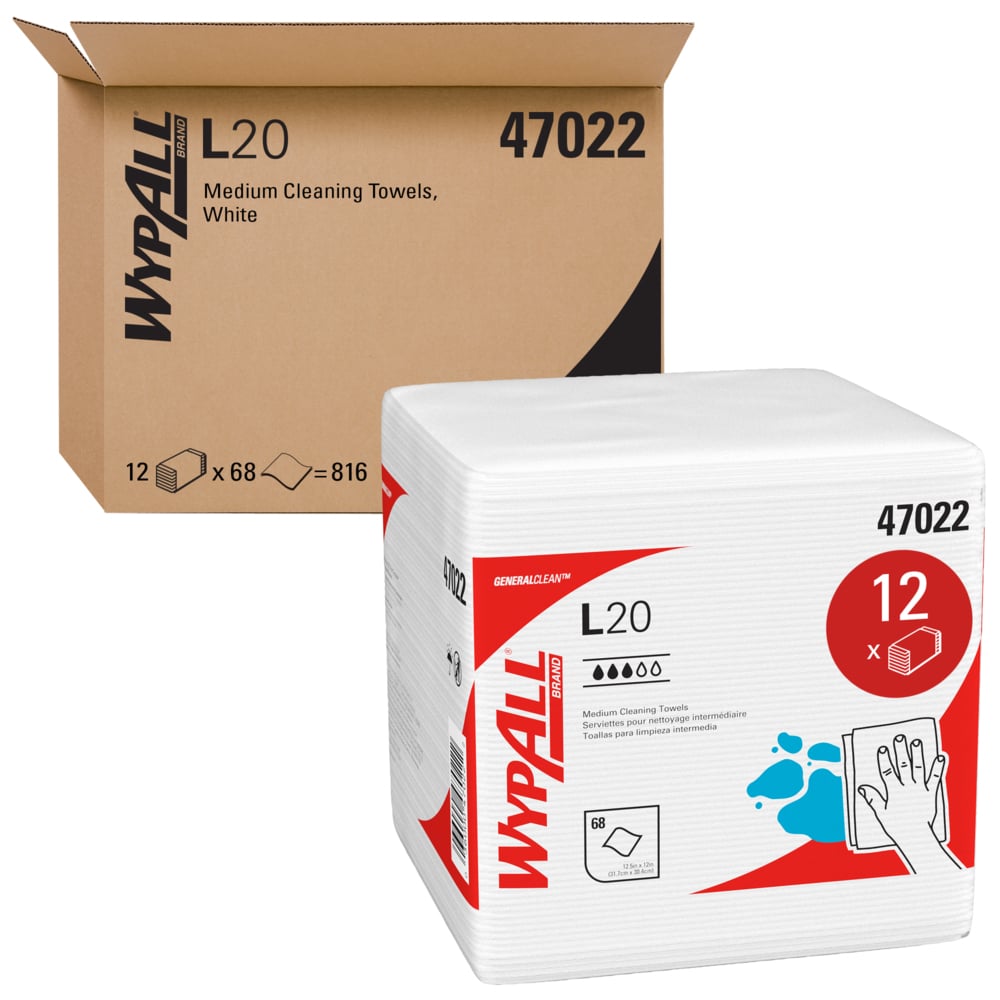 WypAll® GeneralClean™ L20 Medium Cleaning Cloths (47022), Quarterfold, White (68 Sheets/Box, 12 Boxes/Case, 816 Sheets/Case) - 47022