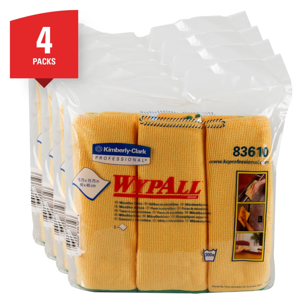 WypAll® Microfiber Cloths (83610), Reusable, 15.75” x 15.75”, Gold (Yellow), 4 Packs / Case, 6 Wipes / Container, 24 / Case - 83610