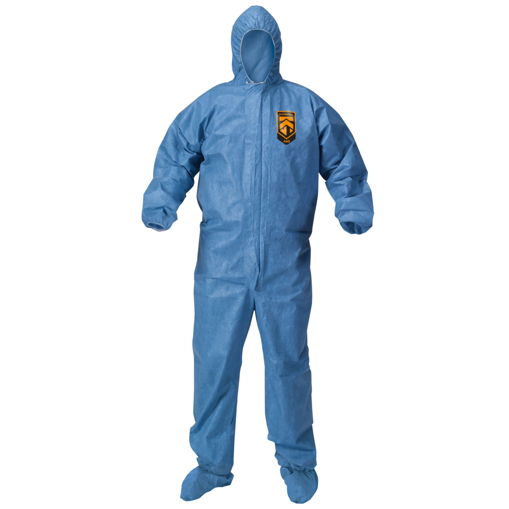 KleenGuard™ Chemical Resistant Suit, A60 Bloodborne Pathogen & Chemical Splash Protection Coveralls (45097), with Hood, Size 4X Extra Large (4XL), Blue, 20 Garments / Case - 45097