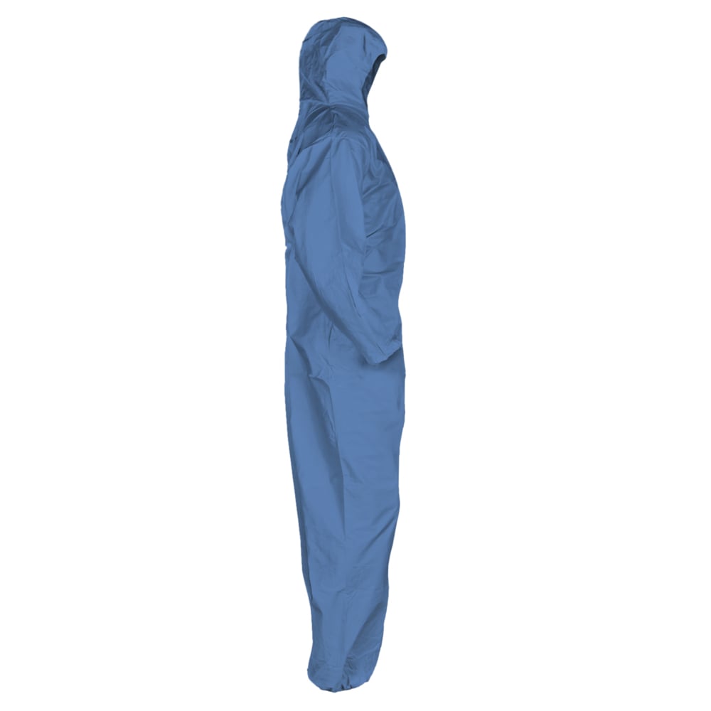 KleenGuard™ Chemical Resistant Suit, A60 Bloodborne Pathogen & Chemical Splash Protection Coveralls (45023), Hood, Large, Blue, 24 Garments / Case - 45023