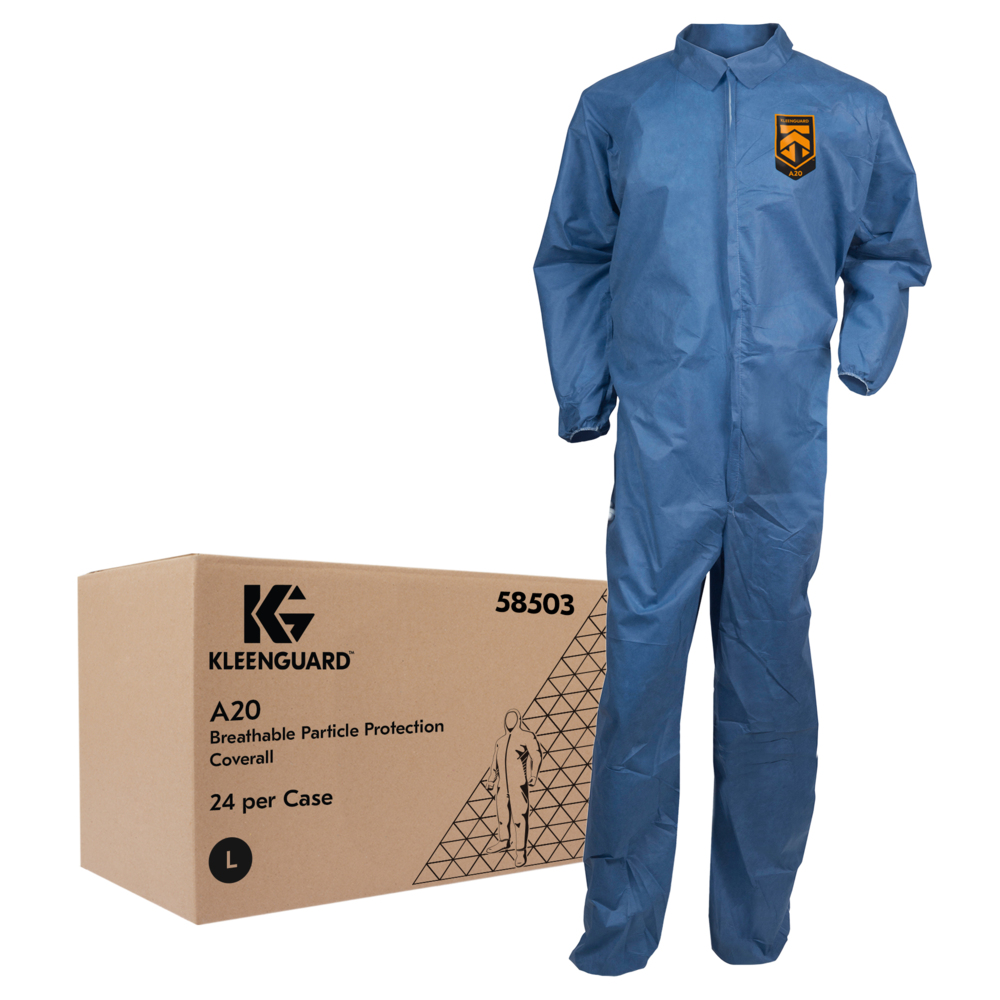 KleenGuard™ A20 Breathable Particle Protection Coveralls (58503), REFLEX Design, Zip Front, Elastic Back, Wrists & Ankles, Blue Denim, Large, 24 / Case - 58503