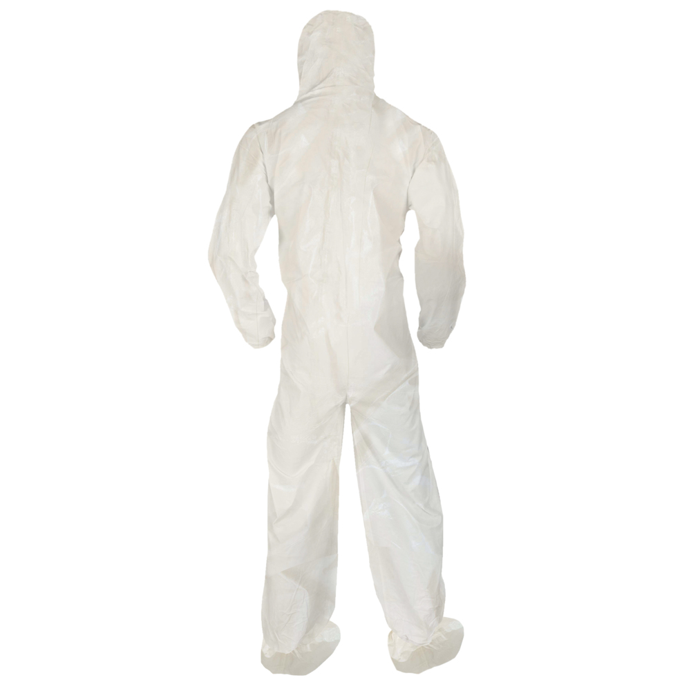 KleenGuard™ A80 Chemical Permeation & Jet Liquid Particle Protection Coveralls (45667), Zip Front, Storm Flap, EWA, Respirator-Fit Hood, Boots, White, 4XL, 10 / Case - 45667