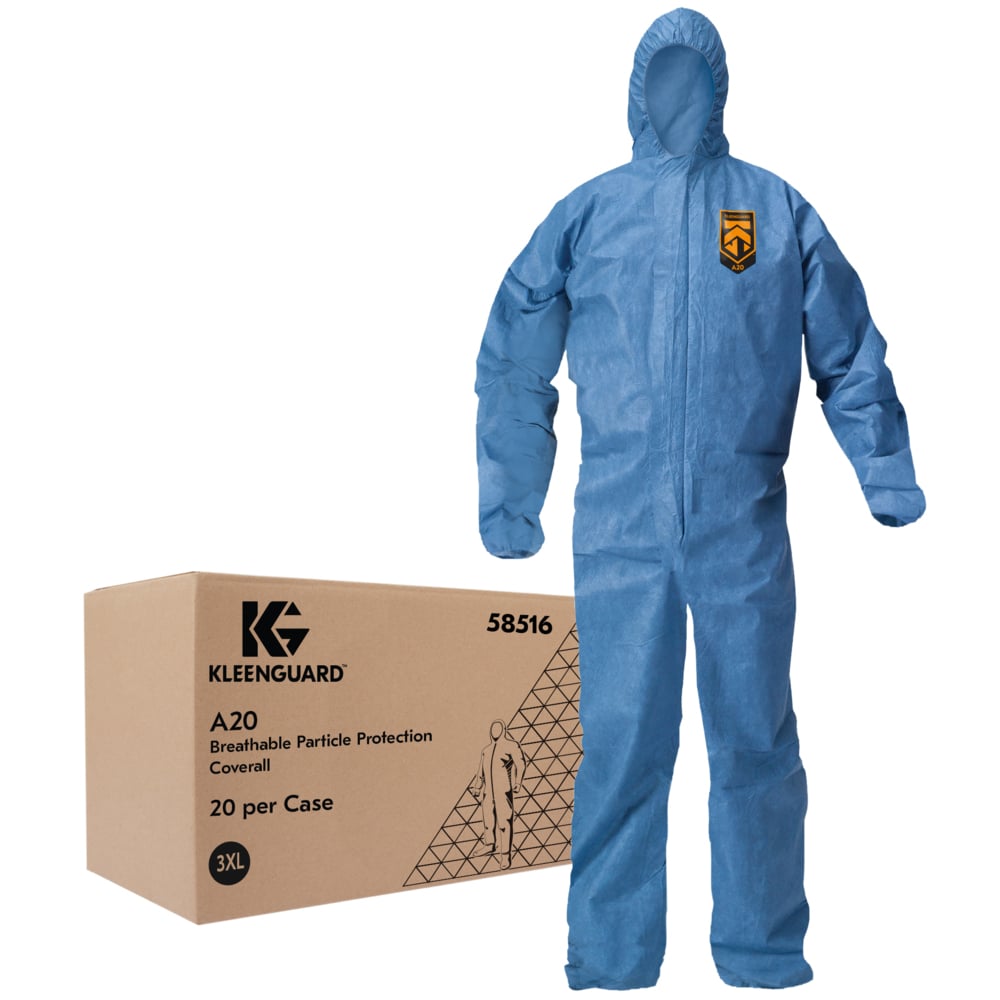 KleenGuard™ A20 Breathable Particle Protection Hooded Coveralls (58516), REFLEX Design, Zip Front, Elastic Wrists & Ankles, Blue Denim, 3XL, 20 / Case - 58516