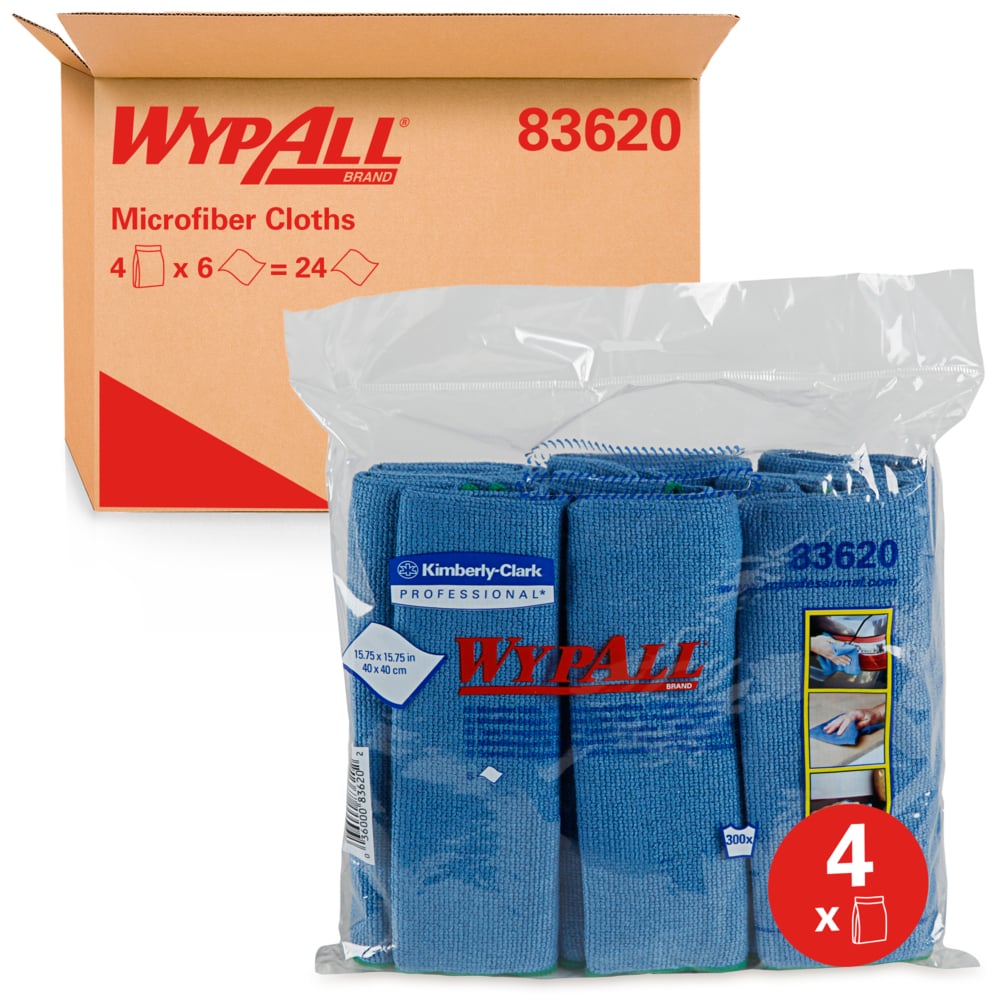 WypAll® Microﬁber Cloths (83620), Reusable, 15.75” x 15.75”, Blue (6 Cloths/Pack, 4 Packs/Case, 24 Cloths/Case) - 83620