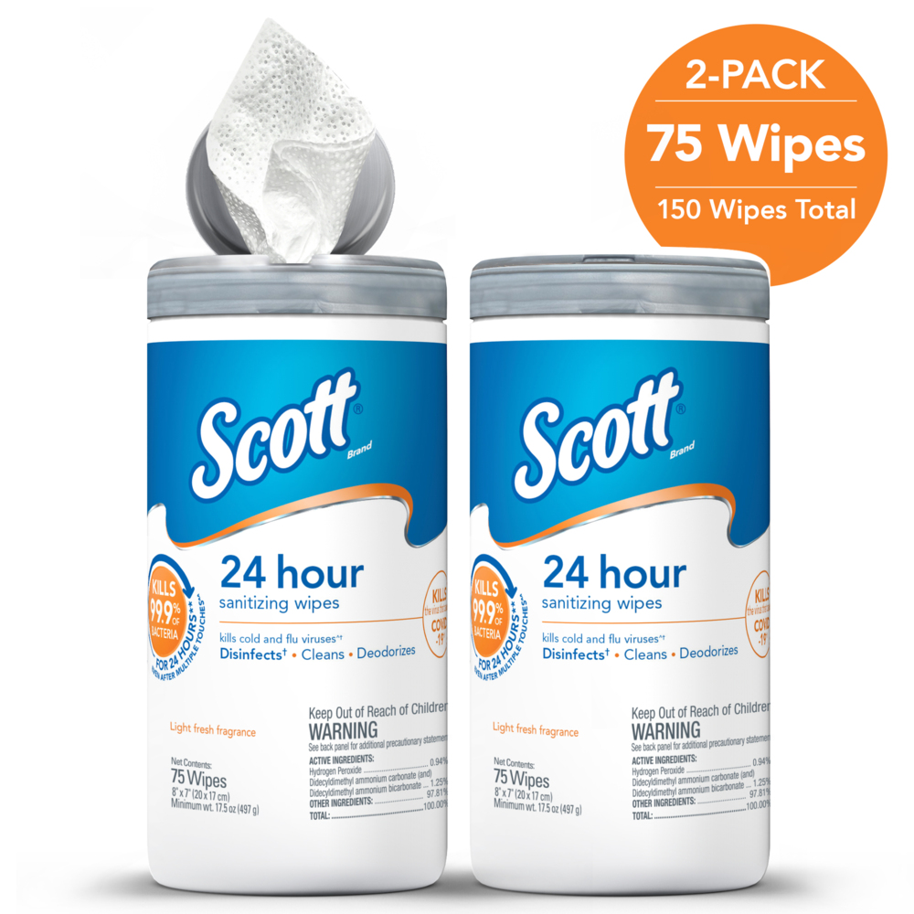 Scott 24 Hour Sanitizing Wipes – Multi-Surface Cleaning & Disinfecting, Continuous Sanitization For 24 Hours – (54478), 2 Canisters x 75 Count, 150 Wipes - 54478