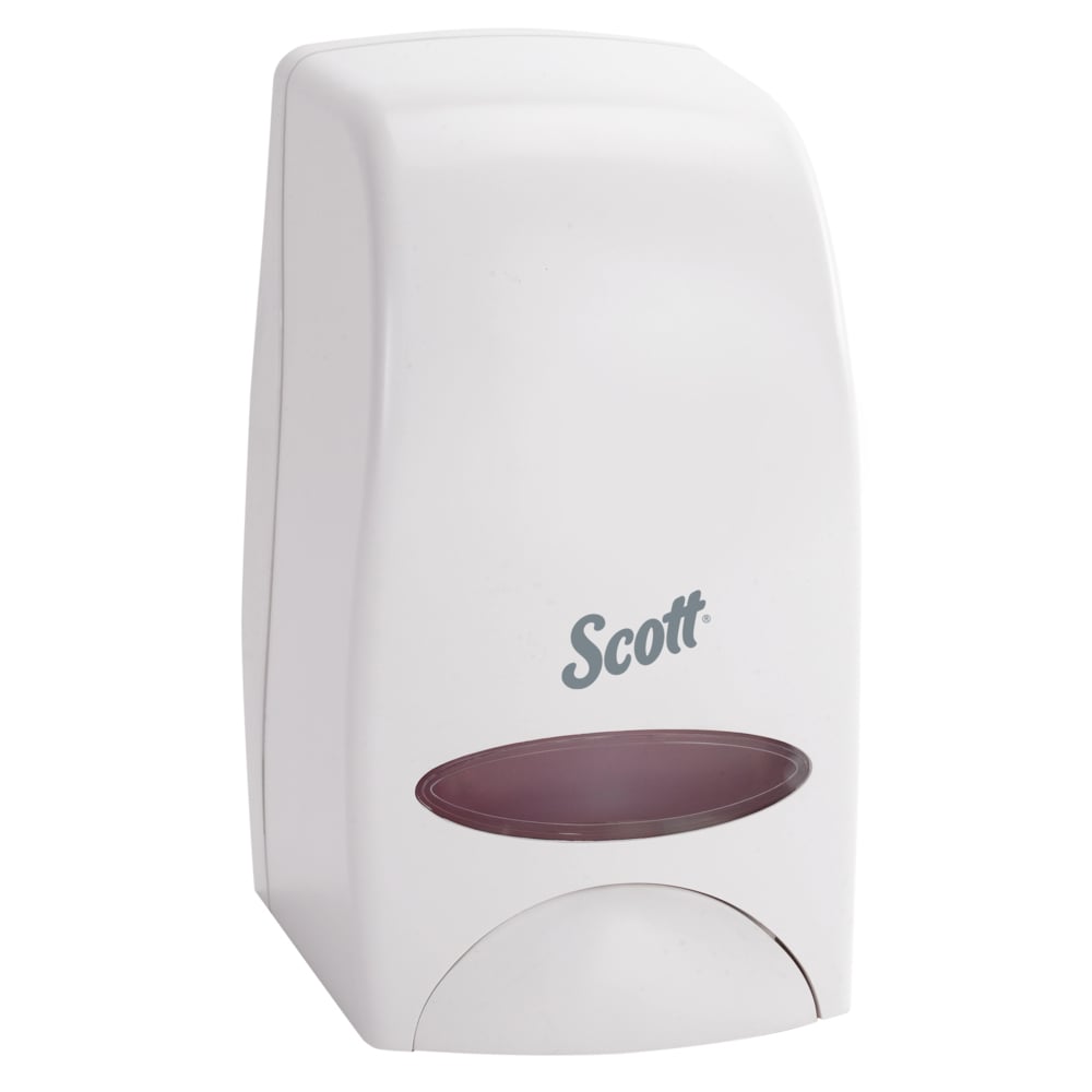 Distributrice manuelle de savon à mains de grande capacité Scott® Essential™ (92144), blanche, capacité de 1 L, 12,32 cm x 21,23 cm x 13,79 cm (4,85 po x 8,36 po x 5,43 po) (qté 1) - 92144