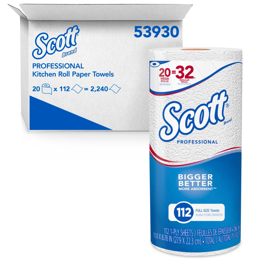 Scott® Professional Kitchen Paper Towels (53930), with Fast-Drying Absorbency Pockets™, White, Perforated MEGA Paper Towel Rolls, (20 Rolls/Case, 112 Sheets/Roll, 2,240 Sheets/Case) - 53930