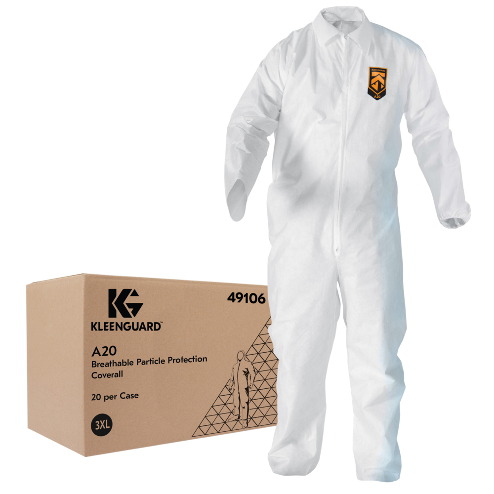KleenGuard™ A20 Breathable Particle Protection Coveralls (49106), REFLEX Design, Zip Front, EWA, Elastic Back, White, 3XL, 20 / Case - 49106