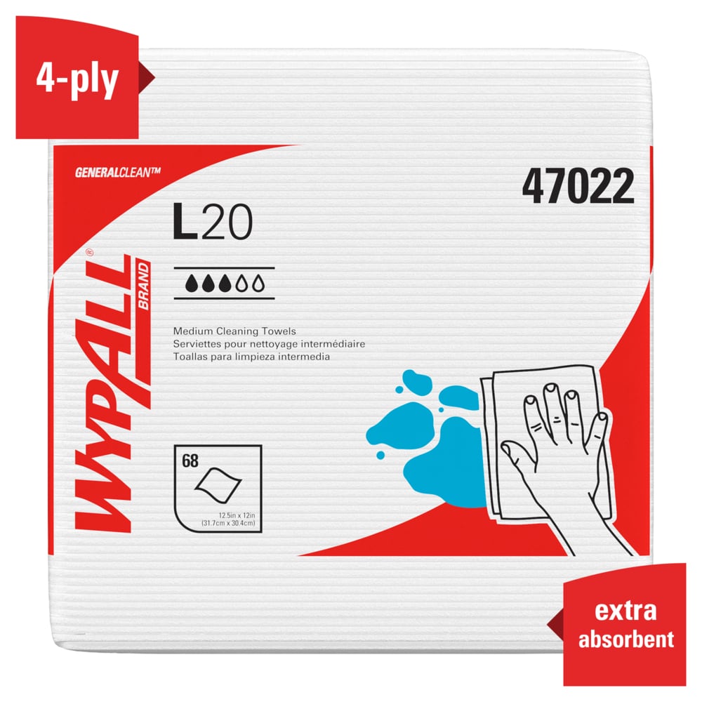 WypAll® GeneralClean™ L20 Medium Cleaning Cloths (47022), Quarterfold, White (68 Sheets/Box, 12 Boxes/Case, 816 Sheets/Case) - 47022