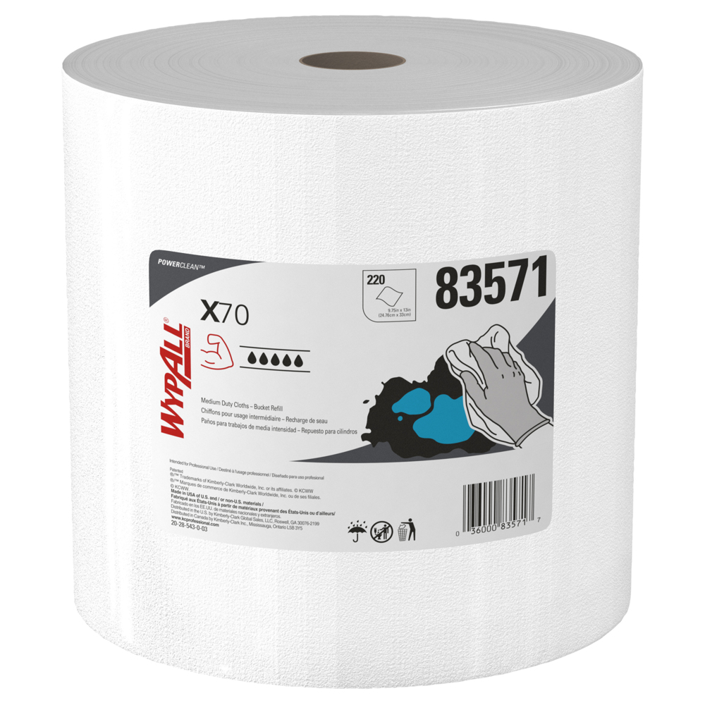 WypAll® PowerClean™ X70 Medium Duty Cloths (83571), Wipers in a Bucket Refill, Long Lasting Towels, White (220 Sheets/Roll, 3 Rolls/Case, 660 Sheets/Case) - 83571