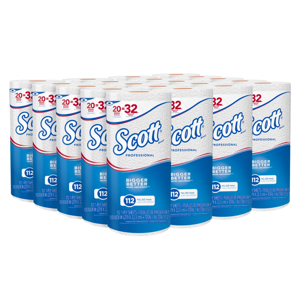 Essuie-tout Scott® Professional (53930) avec poches d'absorption à séchage rapide, rouleaux d'essuie-tout MEGA perforés, 112 feuilles / rouleau, 20 rouleaux / caisse - 53930