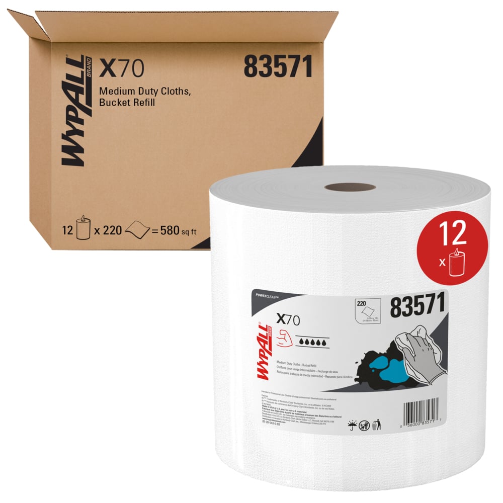 WypAll® Power Clean X70 Medium Duty Cloths in a Bucket Refill (83571), Long Lasting Performance, White, 1 Bucket, 220 Cloths / Roll, 3 Rolls / Case - 83571