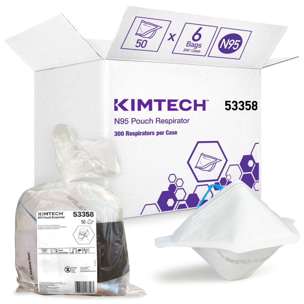 Kimtech™ N95 Pouch Respirator (53358), NIOSH-Approved, Made in the USA, Regular Size, 50 Respirators/Bag, 6 Bags/Case, 300 Respirators/Case