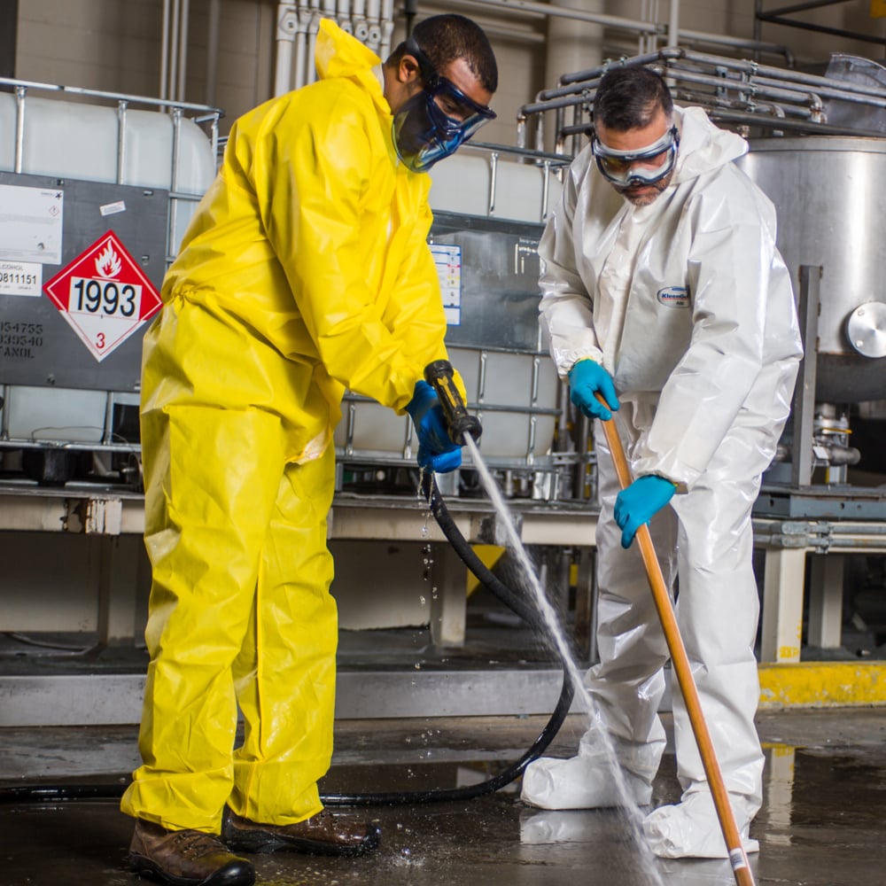 KleenGuard™ A71 Chemical Permeation and Liquid Jet Spray Protection Coveralls (46774), Zipper Front, Elastic Wrists, Waist, Ankles and Hood, Yellow, 3XL (Qty 10) - 46774