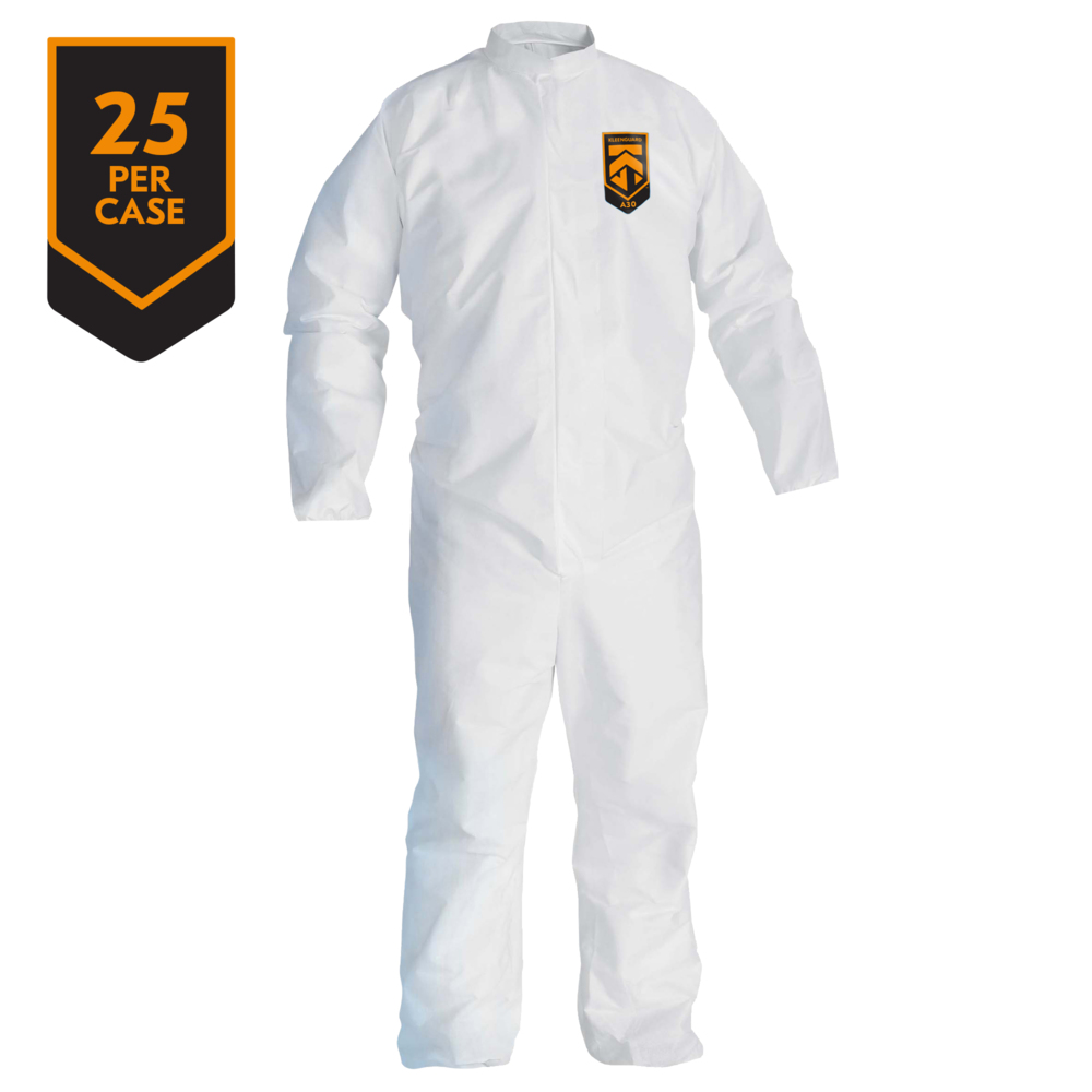 KleenGuard™ A30 Breathable Splash and Particle Protection Coveralls (46004), REFLEX Design, Zip Front, Open Wrists & Ankles, White, XL, 25 / Case - 46004