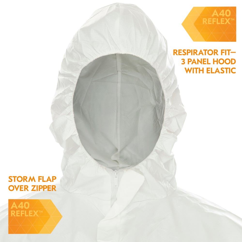 KleenGuard™ A40 Reflex™ Liquid & Particle Protection Coveralls (47999), Respirator Fit Hood, Storm Flap Zip Front, Elastic Waist, Wrists & Ankles with Thumb Loops, White, 3XL, 25  - 47999