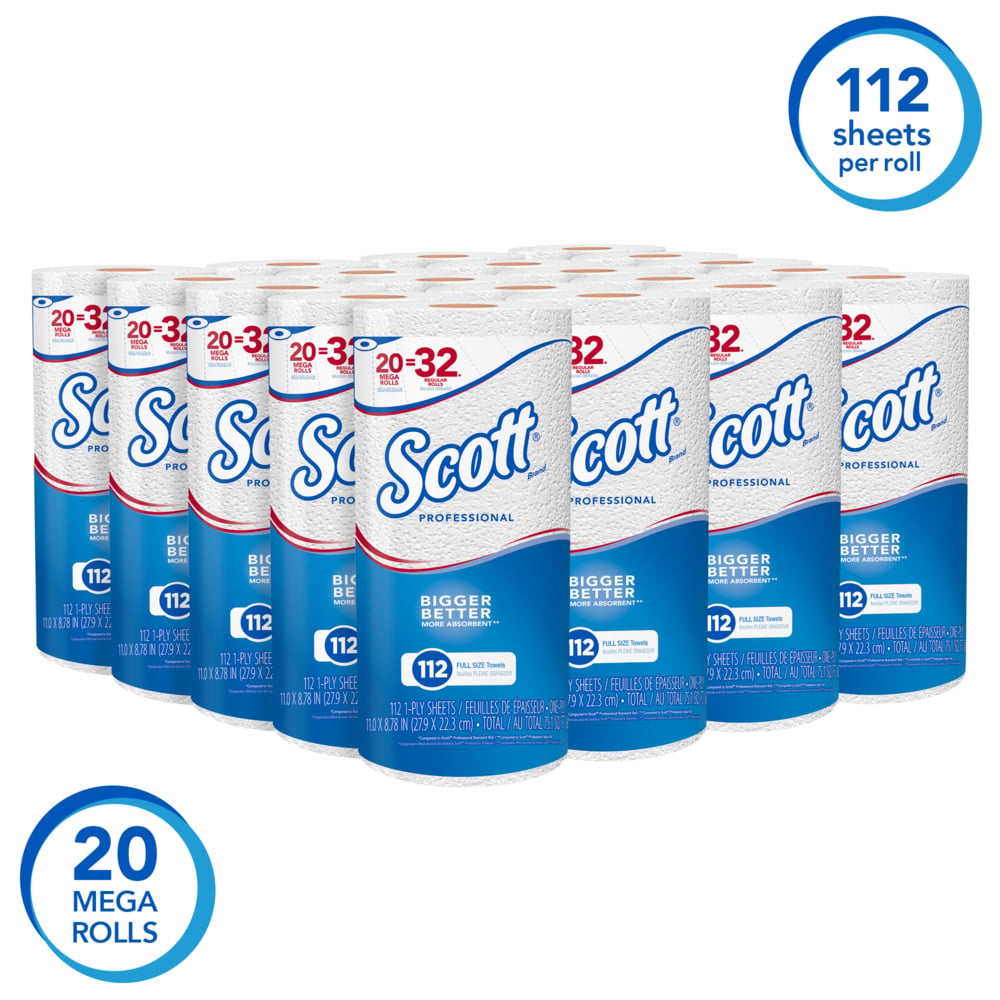 Scott® Professional Kitchen Paper Towels (53930), with Fast-Drying Absorbency Pockets™, White, Perforated MEGA Paper Towel Rolls, (20 Rolls/Case, 112 Sheets/Roll, 2,240 Sheets/Case) - 53930