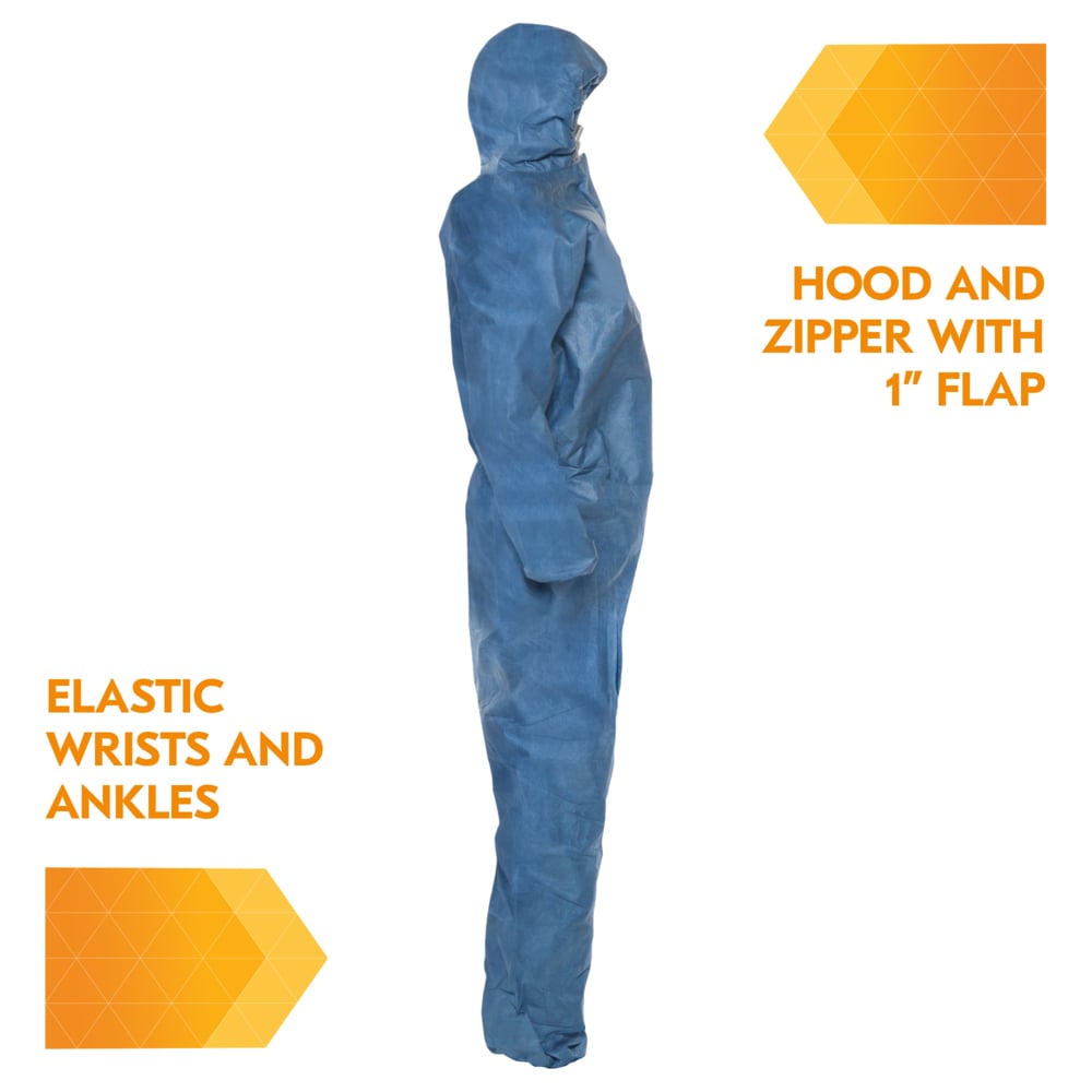 KleenGuard™ A20 Breathable Particle Protection Hooded Coveralls (58517), REFLEX Design, Zip Front, Elastic Wrists & Ankles, Blue Denim, 4XL, 20 / Case - 58517