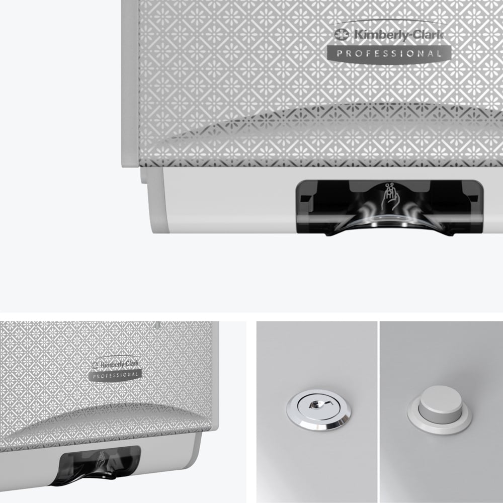 Distributrice automatique de savon et de désinfectant ICON™ de Kimberly-Clark Professional (53694), avec plaque de revêtement décorative au motif de mosaïque argentée; une distributrice et une plaque de revêtement par caisse - 53694