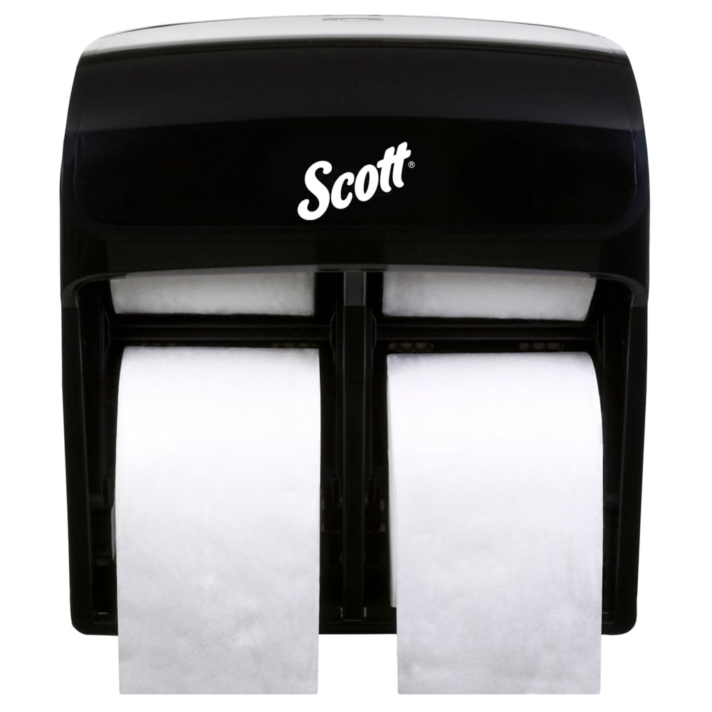 Distributrice de papier hygiénique en rouleau standard sans mandrin de grande capacité Scott® Pro™ (44518), capacité de 4 rouleaux, noire, 28,58 cm x 32,39 cm x 15,72 cm (11,25 po x 12,75 po x 6,19 po) (qté 1) - 44518