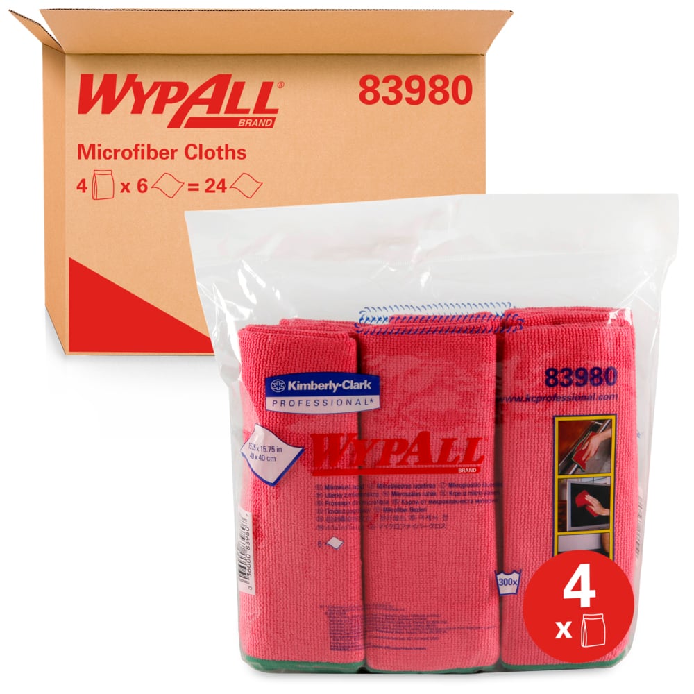 WypAll® Microﬁber Cloths (83980), Reusable, 15.75” x 15.75”, Red (6 Cloths/Pack, 4 Packs/Case, 24 Cloths/Case) - 83980