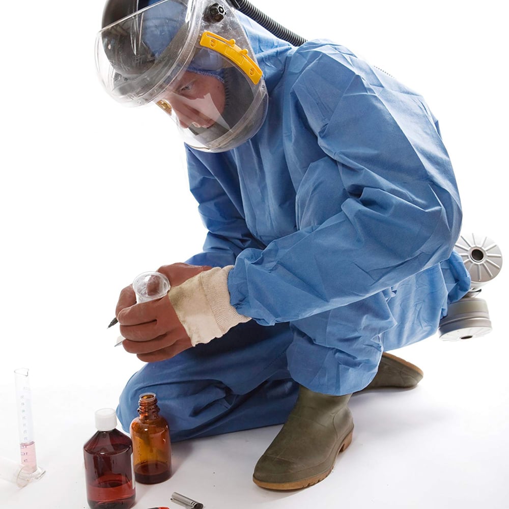KleenGuard™ Chemical Resistant Suit, A60 Bloodborne Pathogen & Chemical Splash Protection Coveralls (45093), with Hood, Size Large, Blue, 24 Garments / Case - 45093
