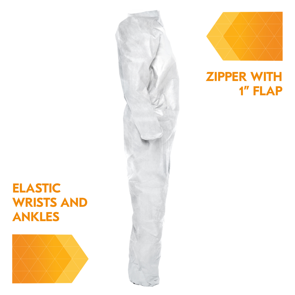 KleenGuard™ A20 Breathable Particle Protection Coveralls (49102), REFLEX Design, Zip Front, EWA, Elastic Back, White, Medium, 24 / Case - 49102