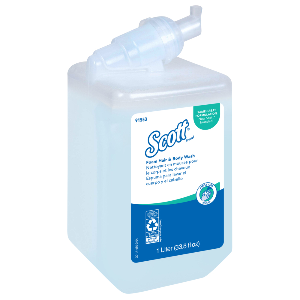 Savon moussant pour corps et cheveux Scott Pro (91553), bleu clair, shampooing à fragrance fraîche, 1 L, 6 paquets/caisse - 91553