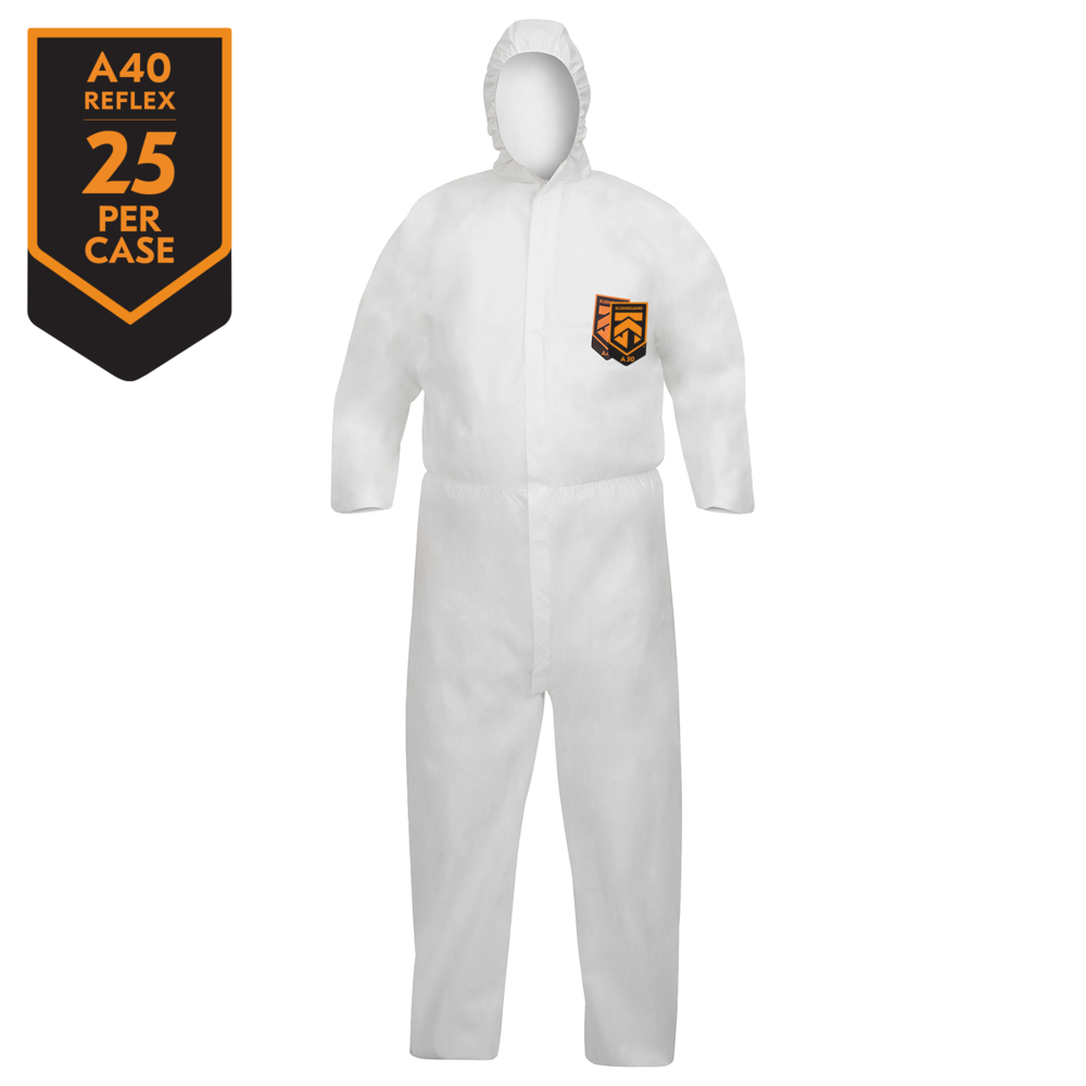 KleenGuard™ A40 Reflex™ Liquid & Particle Protection Coveralls (47995), Respirator Fit Hood, Storm Flap Zip Front, Elastic Waist, Wrists & Ankles with Thumb Loops, White, Medium, 25 Garments/Case - 47995