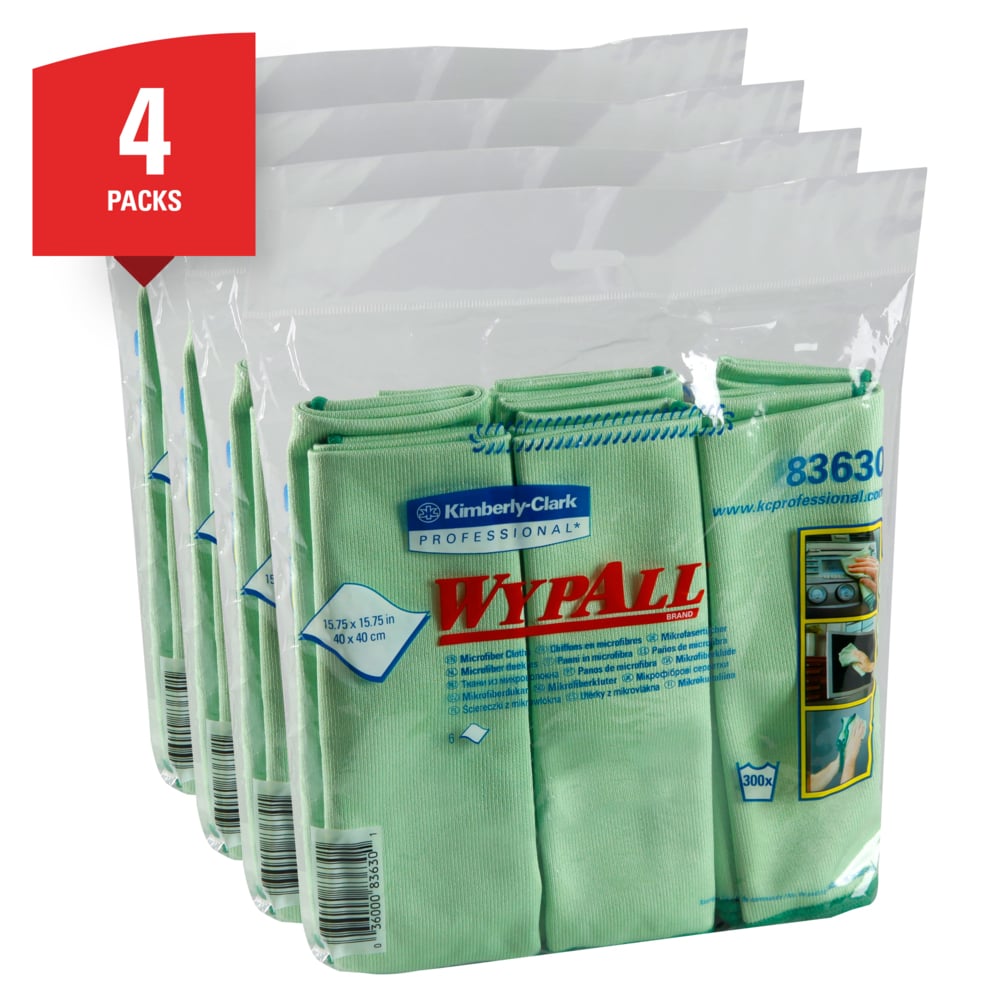 WypAll® Microfiber Cloths (83630), Reusable, 15.75” x 15.75”, Green for Glass and Mirrors, 4 Packs / Case, 6 Wipes / Container, 24 Wipes / Case - 83630