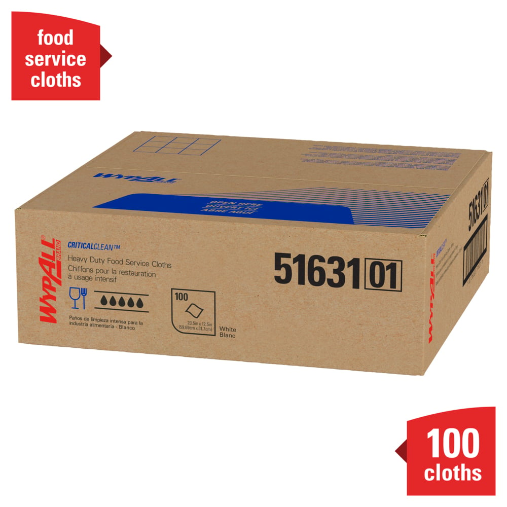 WypAll® Critical Clean Heavy Duty Foodservice Cloths (51631), Quarterfold, White Cloths, 1 Box, 100 Sheets - 51631