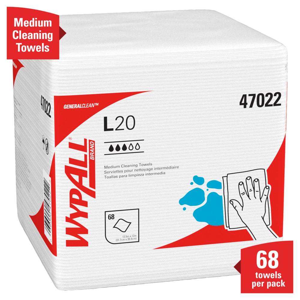 WypAll® GeneralClean™ L20 Medium Cleaning Cloths (47022), Quarterfold, White (68 Sheets/Box, 12 Boxes/Case, 816 Sheets/Case) - 47022