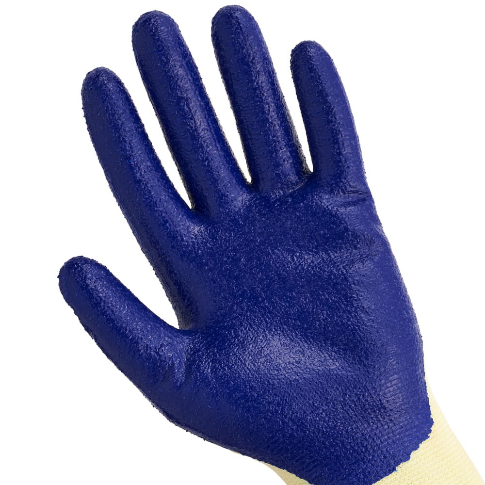 Gants recouverts de nitrile résistants aux coupures de niveau 2 KleenGuard G60 (98230), bleus et jaunes, petits (7), 60 paires/caisse, 5 sacs de 12 paires - 98230