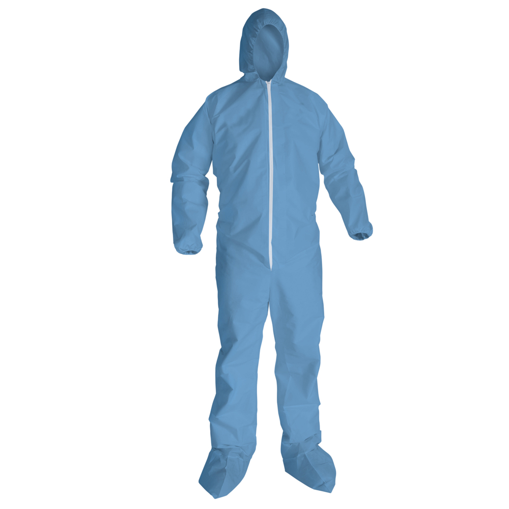 KleenGuard™ A65 Flame Resistant Coveralls with Hood & Boots (45353), Zip Front, Elastic Wrists & Ankles (EWA), Blue, Large, 25 Garments / Case - 45353