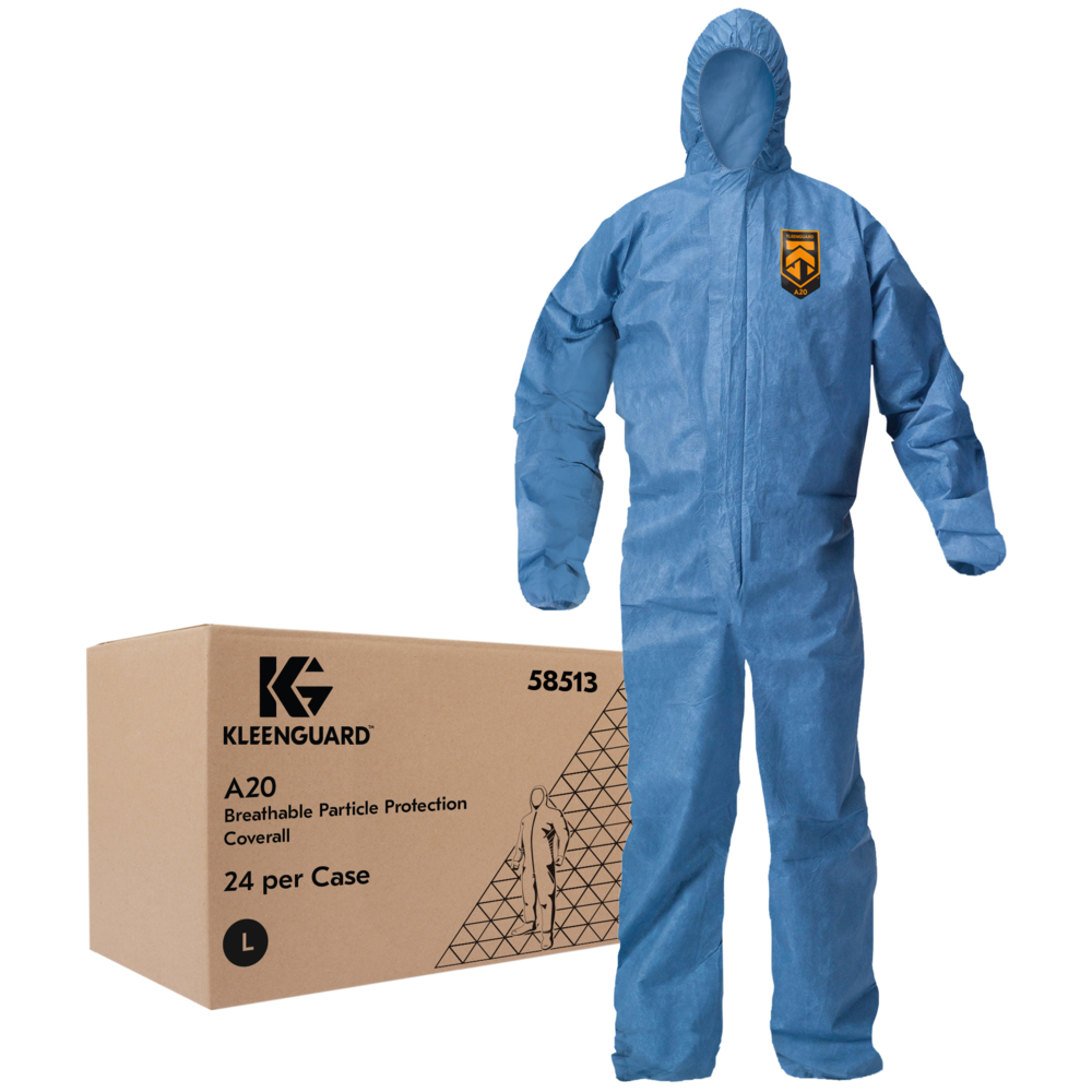 KleenGuard™ A20 Breathable Particle Protection Hooded Coveralls (58513), REFLEX Design, Zip Front, Elastic Wrists & Ankles, Blue Denim, Large, (Qty 24) - 58513