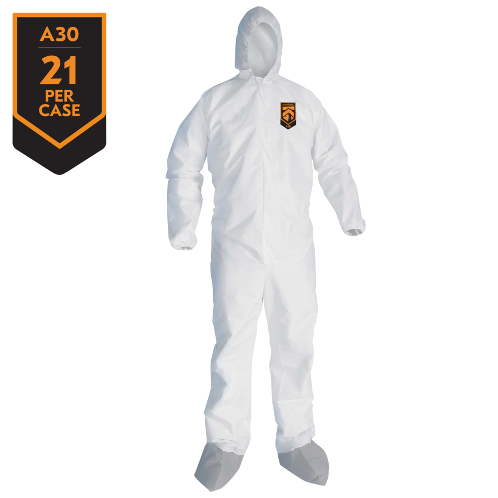 KleenGuard™ A30 Breathable Splash and Particle Protection Coveralls (48966), REFLEX Design, Hood, New Skid-Resistant Boots, Zip Front, Boots, Elastic Wrists, White, 3XL, 21 / Case - 48966