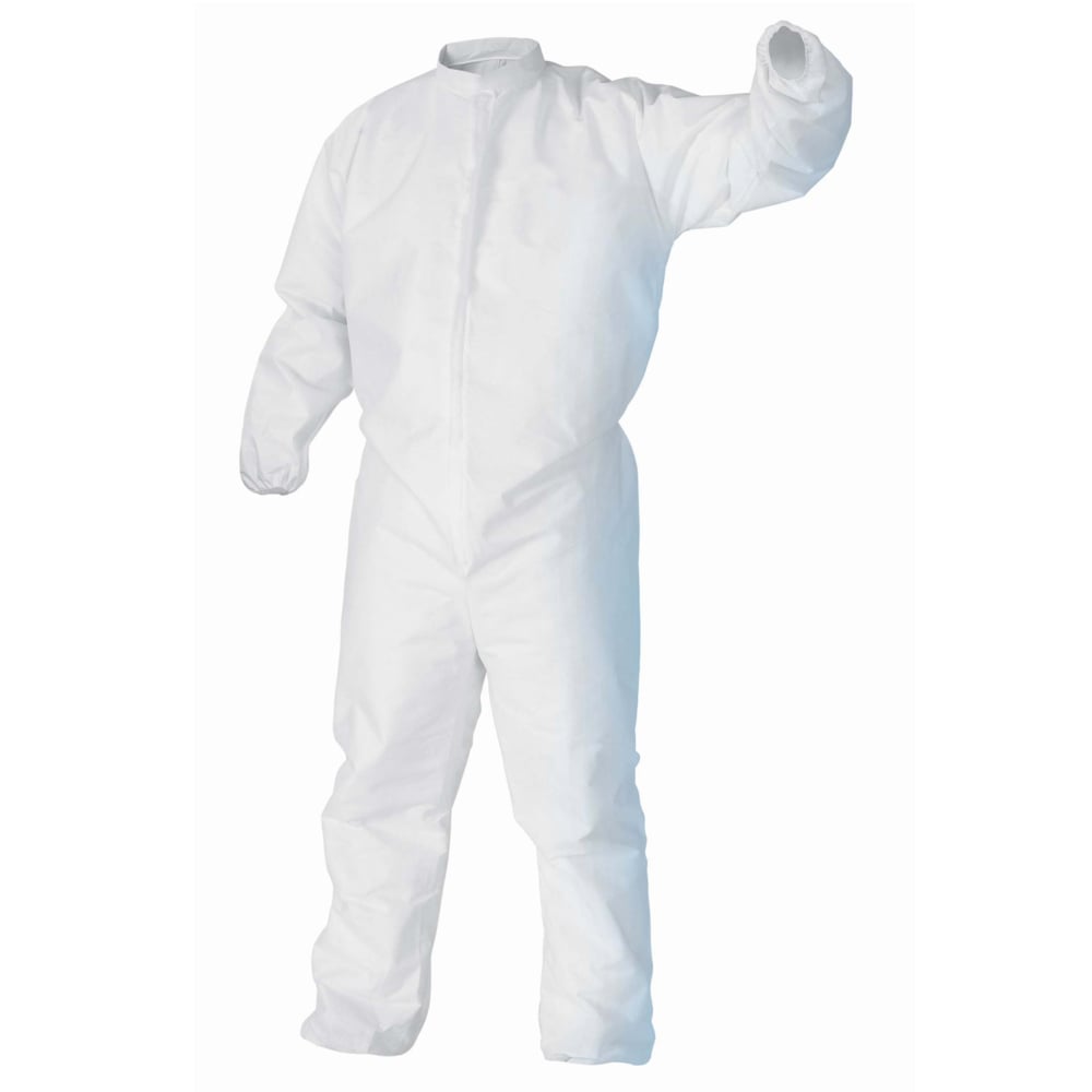 Kimtech™ A5 Cleanroom Coveralls (49832), Covered Zipper, Storm Flap, Thumb Loops, High Collar, Bulk Package, White, Medium, 25 / Case - 49832