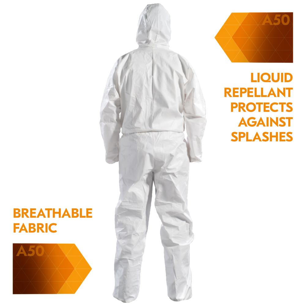 KLEENGUARD A50 Breathable Splash & Particle Protection Coveralls - Hooded / White / M - 51925